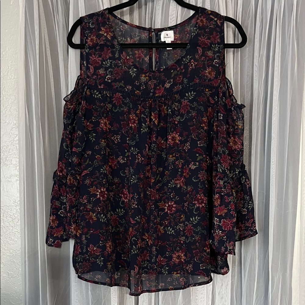 Dress Barn Navy Cold-Shoulder Floral Blouse with Burgundy Accents